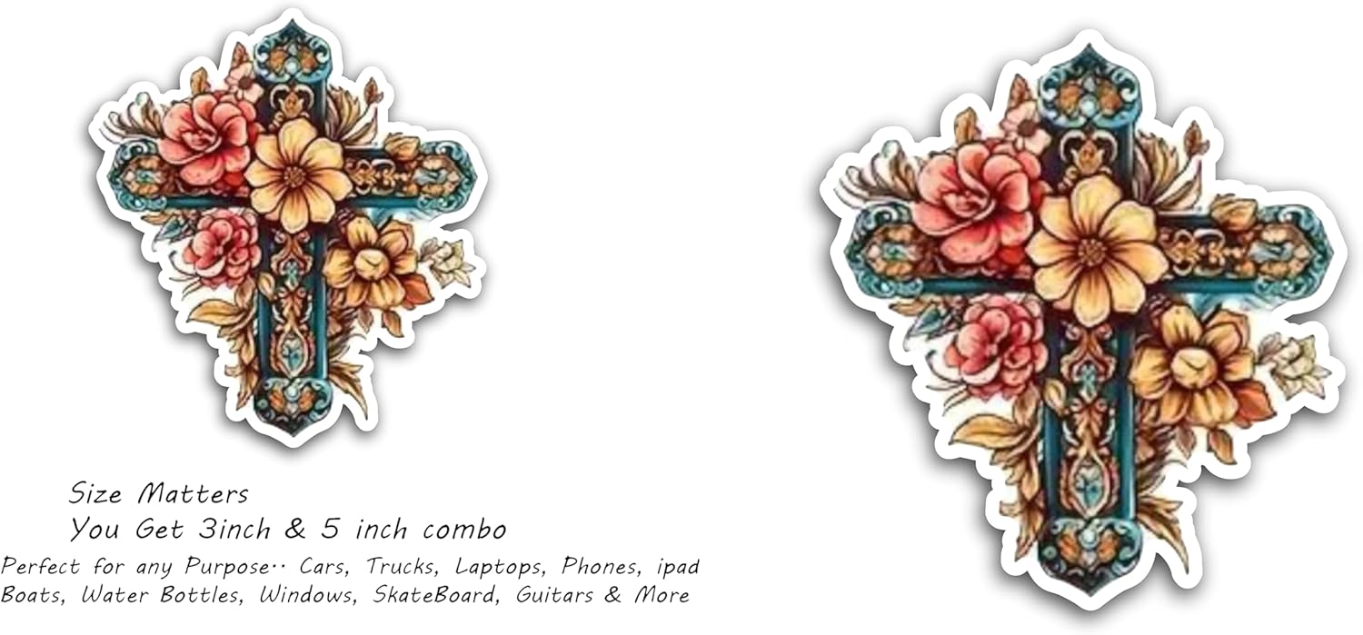 2 (Pieces) 3" and 5" Cross with Colorful Flowers Decal Sticker, Waterproof Vinyl Decals for Many Purpose Like Cars, Trucks, Laptops, Phones, Windows and More