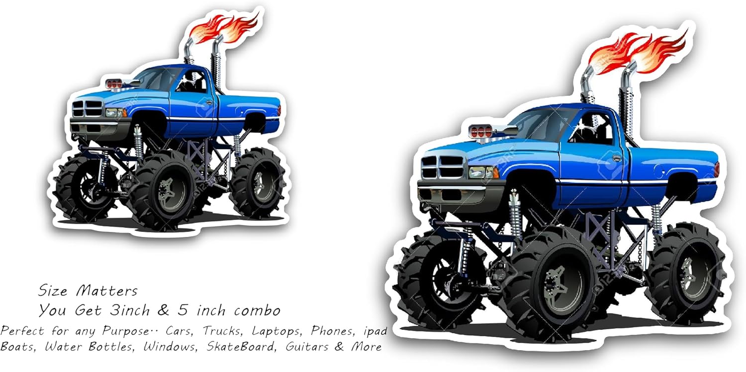 2 (Pieces) 3" and 5" Blue Monster Cartoon Truck Sticker, Waterproof Vinyl Decals for Many Purpose Like Cars, Trucks, Laptops, Phones, Windows and More
