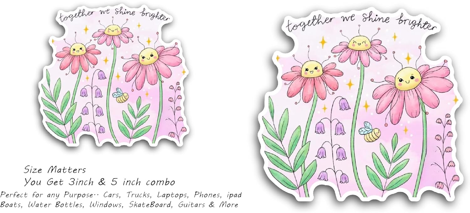 2 (Pieces) 3" and 5" Cute Smiley Face Flowers Sticker, Waterproof Vinyl Decals for Many Purpose Like Cars, Trucks, Laptops, Phones, Windows and More