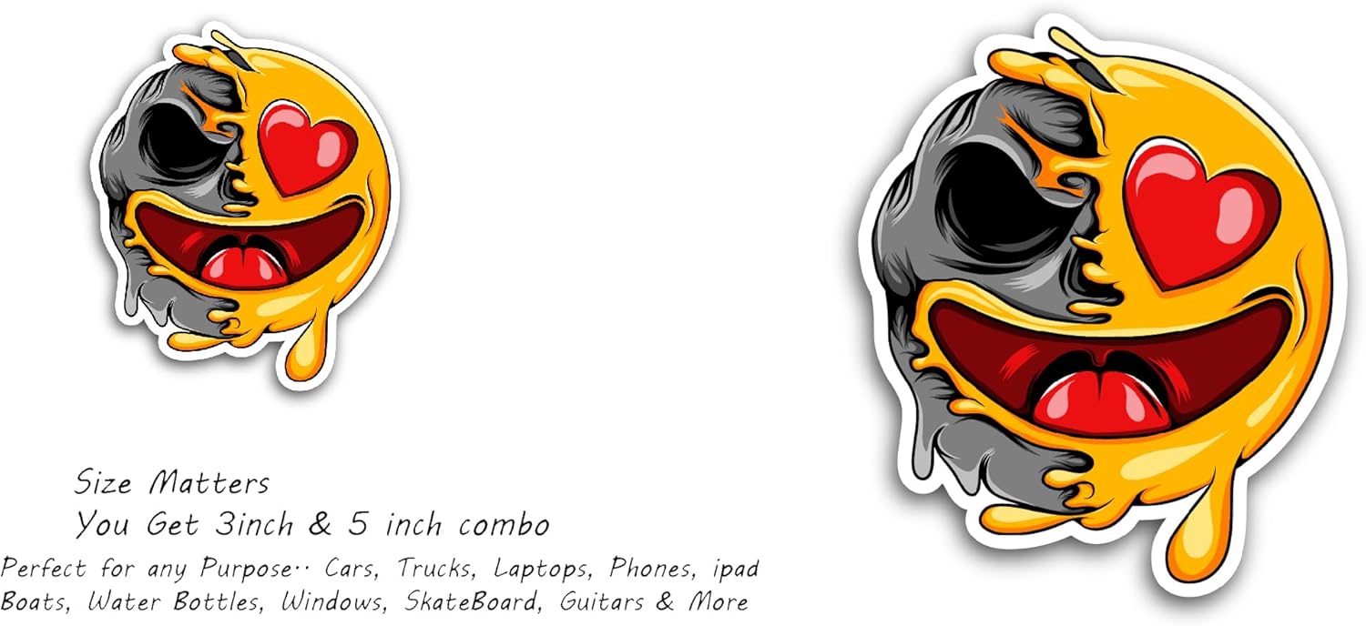 2 (Pieces) 3" and 5" Smiley Skull Sticker, Waterproof Vinyl Decals for Many Purpose Like Cars, Trucks, Laptops, Phones, Windows and More