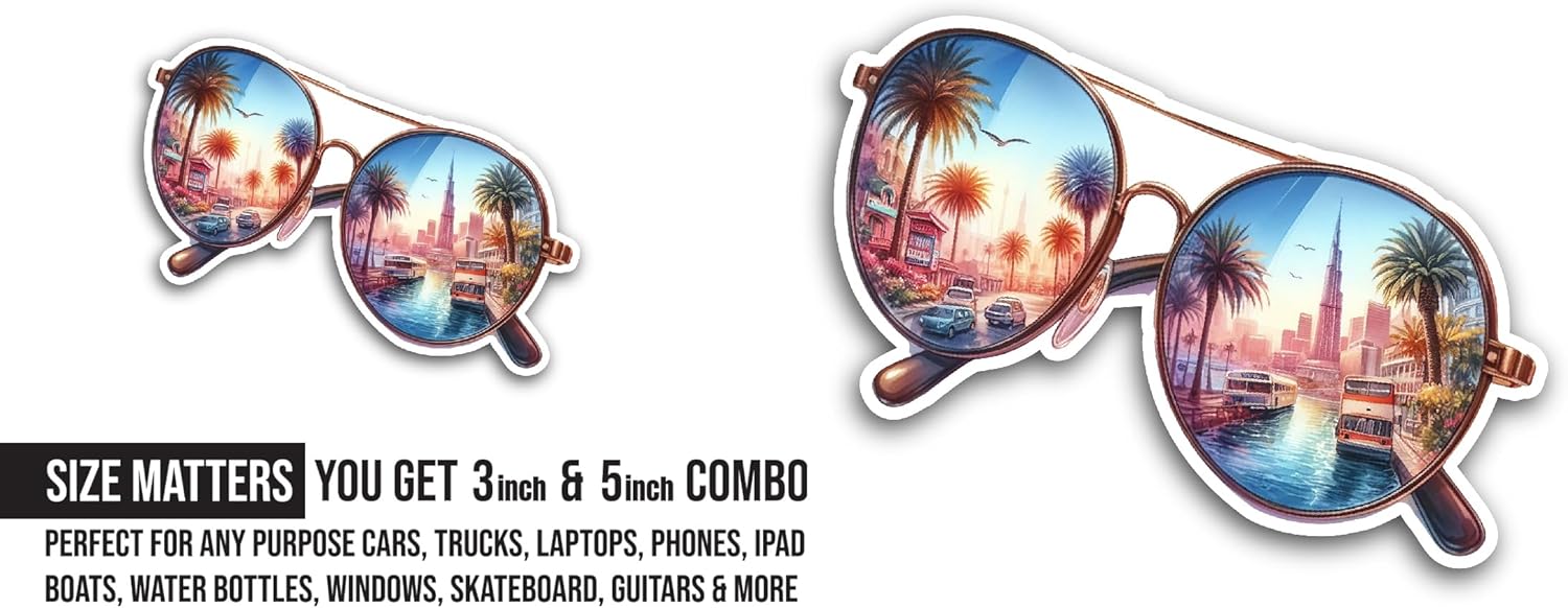 2 (Pieces) 3" and 5" Sunglasses with Reflection Sticker, Waterproof Vinyl Decals for Many Purpose Like Cars, Trucks, Laptops, Phones, Windows and More