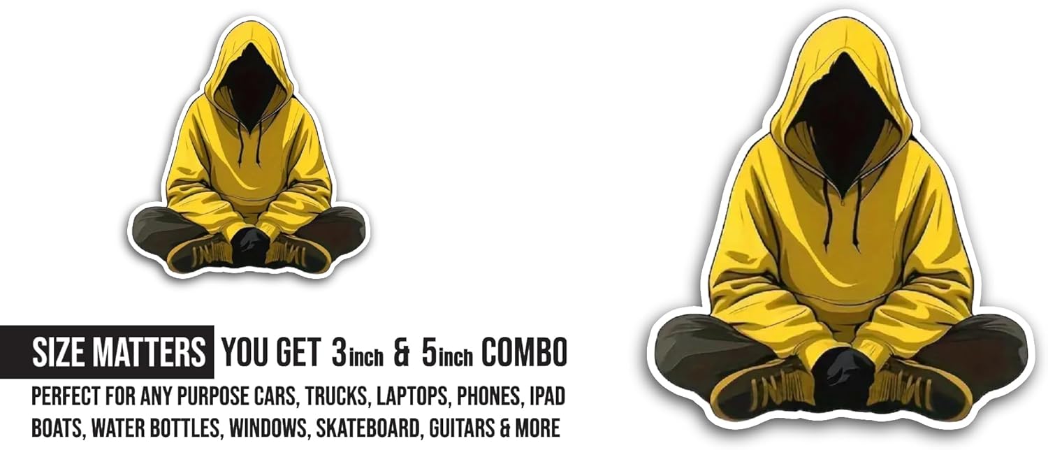 2 (Pieces) 3" and 5" Boy in Yellow Hoodie Sticker, Waterproof Vinyl Decals for Many Purpose Like Cars, Trucks, Laptops, Phones, Windows and More