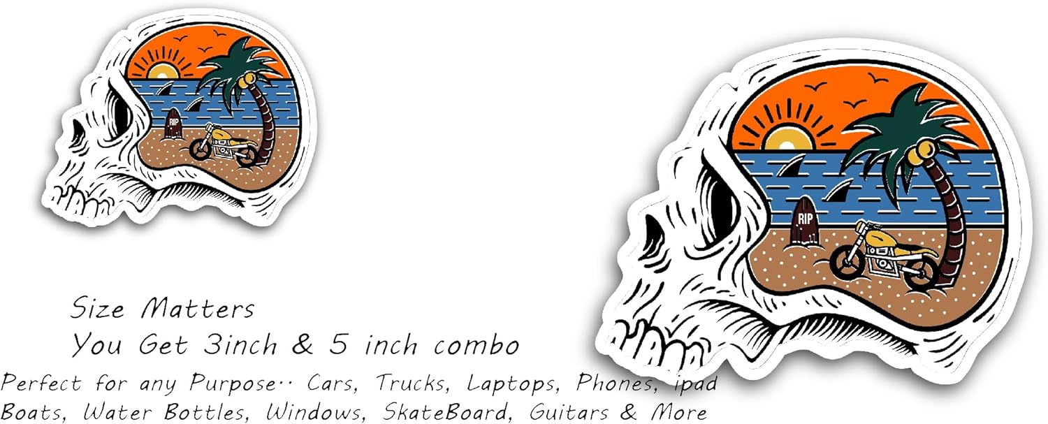 2 (Pieces) 3" and 5" Head Skull Beach Sticker, Waterproof Vinyl Decals for Many Purpose Like Cars, Trucks, Laptops, Phones, Windows and More
