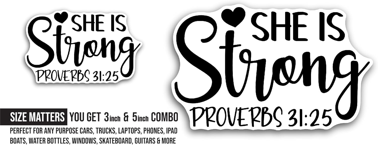 2 (Pieces) 3" and 5" She is Strong Sticker, Waterproof Vinyl Decals for Many Purpose Like Cars, Trucks, Laptops, Phones, Windows and More