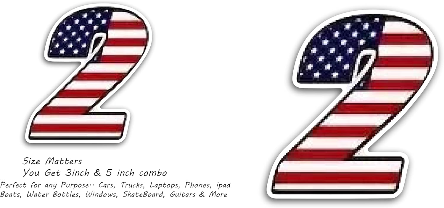 2 (Pieces) 3" and 5" Number Two in American Flag Color Decal Sticker, Waterproof Vinyl Decals for Many Purpose Like Cars, Trucks, Laptops, Phones, Windows and More