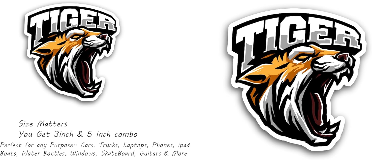 2 (Pieces) 3" and 5" Tiger Mascot Sticker, Waterproof Vinyl Decals for Many Purpose Like Cars, Trucks, Laptops, Phones, Windows and More