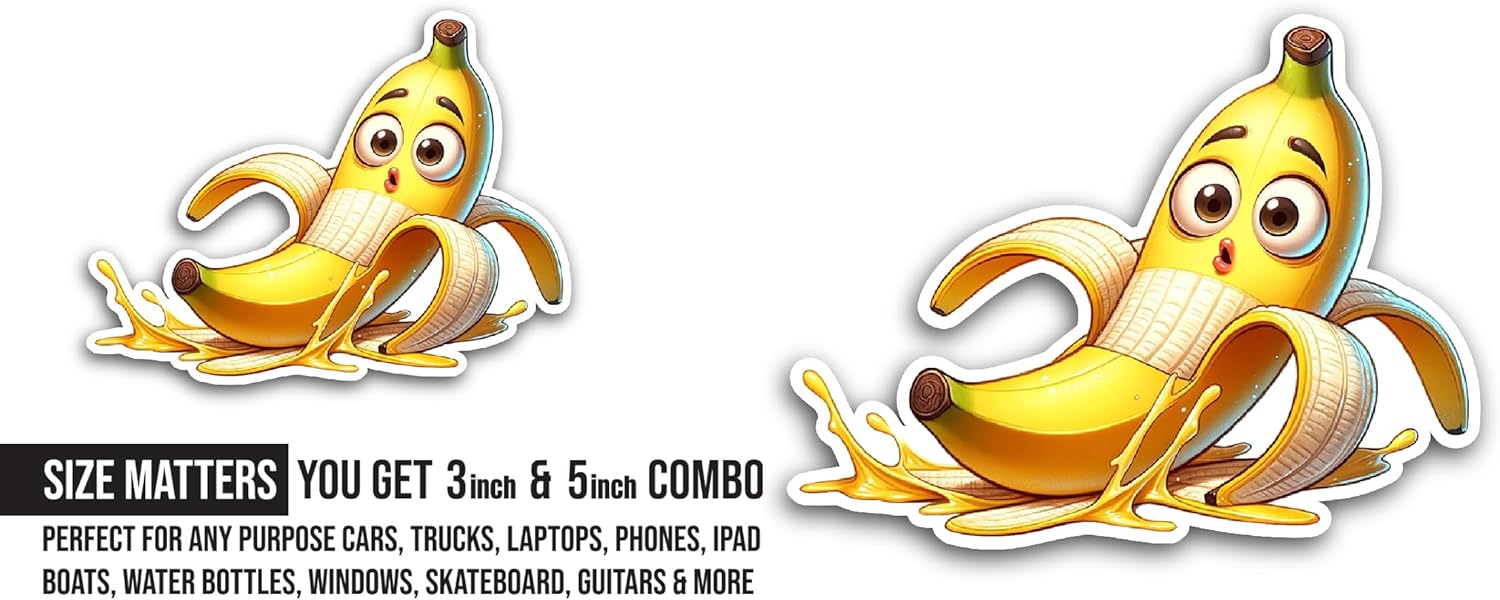 2 (Pieces) 3" and 5" Cartoon Banana Sticker, Waterproof Vinyl Decals for Many Purpose Like Cars, Trucks, Laptops, Phones, Windows and More