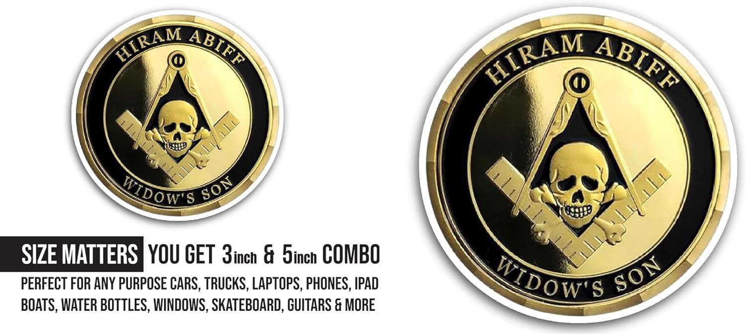 2 (Pieces) 3" and 5" Hiram Abiff Widow's Son Gold Plated Coin Sticker, Waterproof Vinyl Decals for Many Purpose Like Cars, Trucks, Laptops, Phones, Windows and More