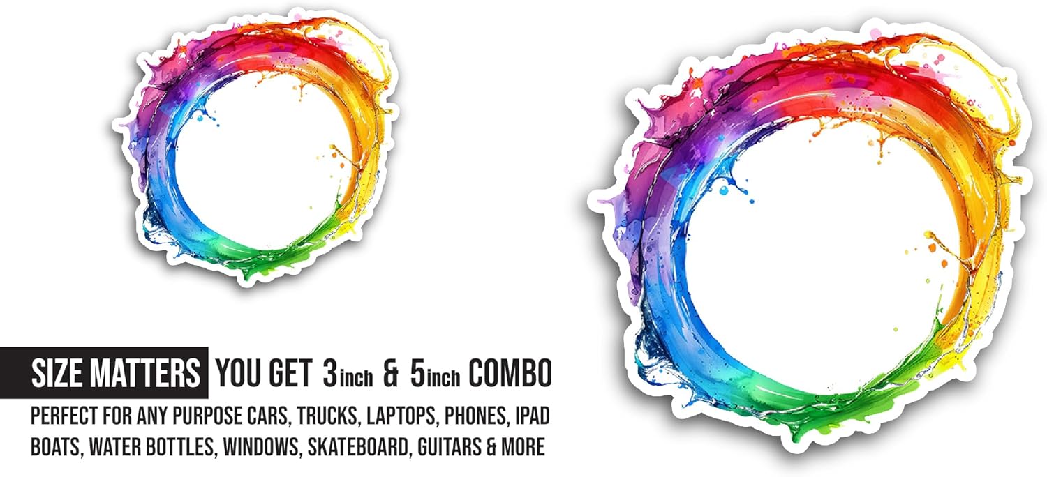 2 (Pieces) 3" and 5" Rainbow Circle Frame Sticker, Waterproof Vinyl Decals for Many Purpose Like Cars, Trucks, Laptops, Phones, Windows and More