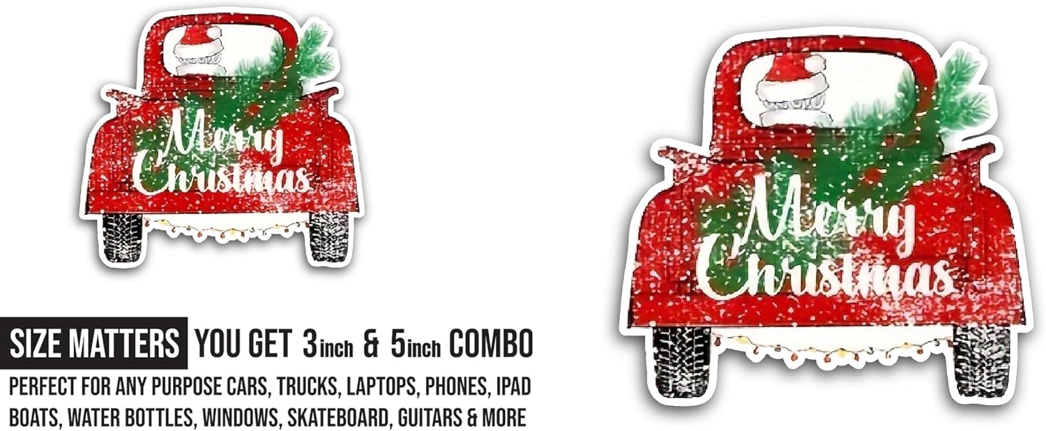 2 (Pieces) 3" and 5" Red Ford Christmas Truck Sticker, Waterproof Vinyl Decals for Many Purpose Like Cars, Trucks, Laptops, Phones, Windows and More