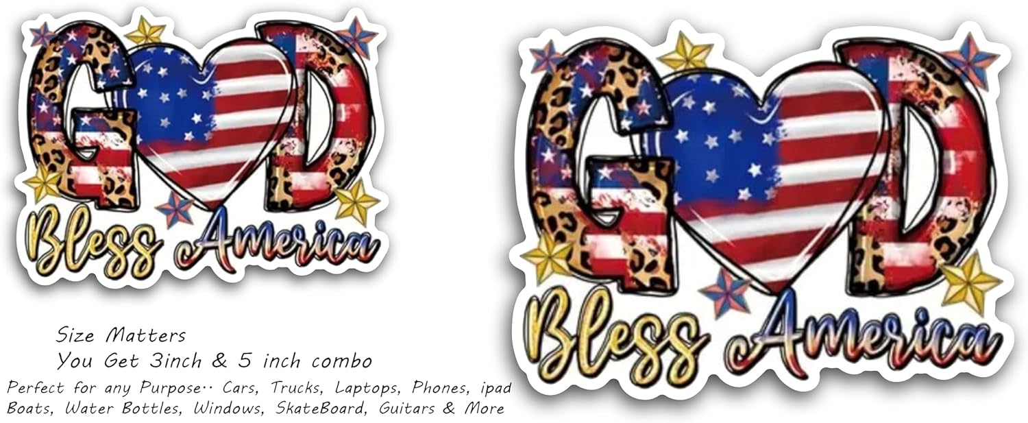 2 (Pieces) 3" and 5" God Bless America with Heart in Center Decal Sticker, Waterproof Vinyl Decals for Many Purpose Like Cars, Trucks, Laptops, Phones, Windows and More