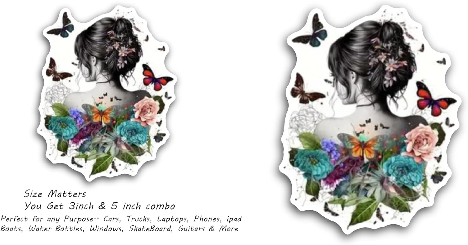 2 (Pieces) 3" and 5" Girl with Butterflies Sticker, Waterproof Vinyl Decals for Many Purpose Like Cars, Trucks, Laptops, Phones, Windows and More