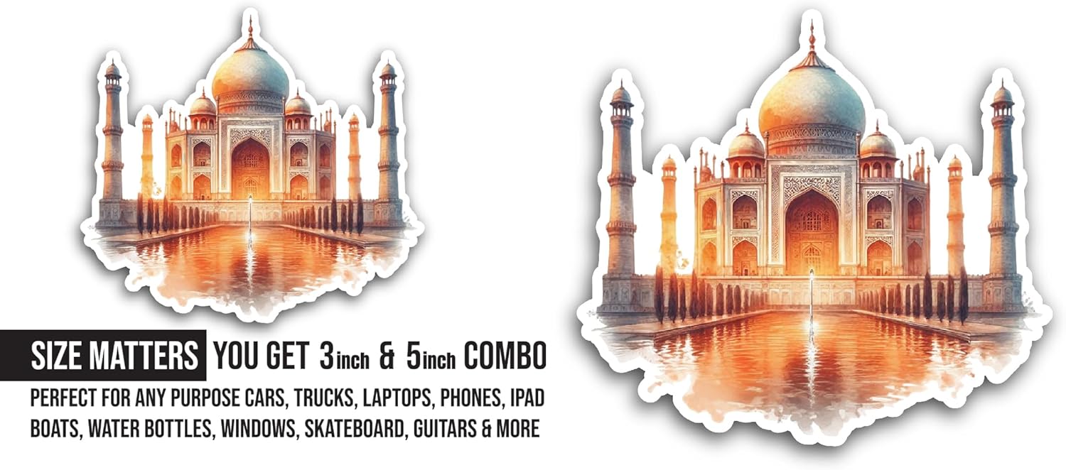 2 (Pieces) 3" and 5" Taj Mahal Sticker, Waterproof Vinyl Decals for Many Purpose Like Cars, Trucks, Laptops, Phones, Windows and More