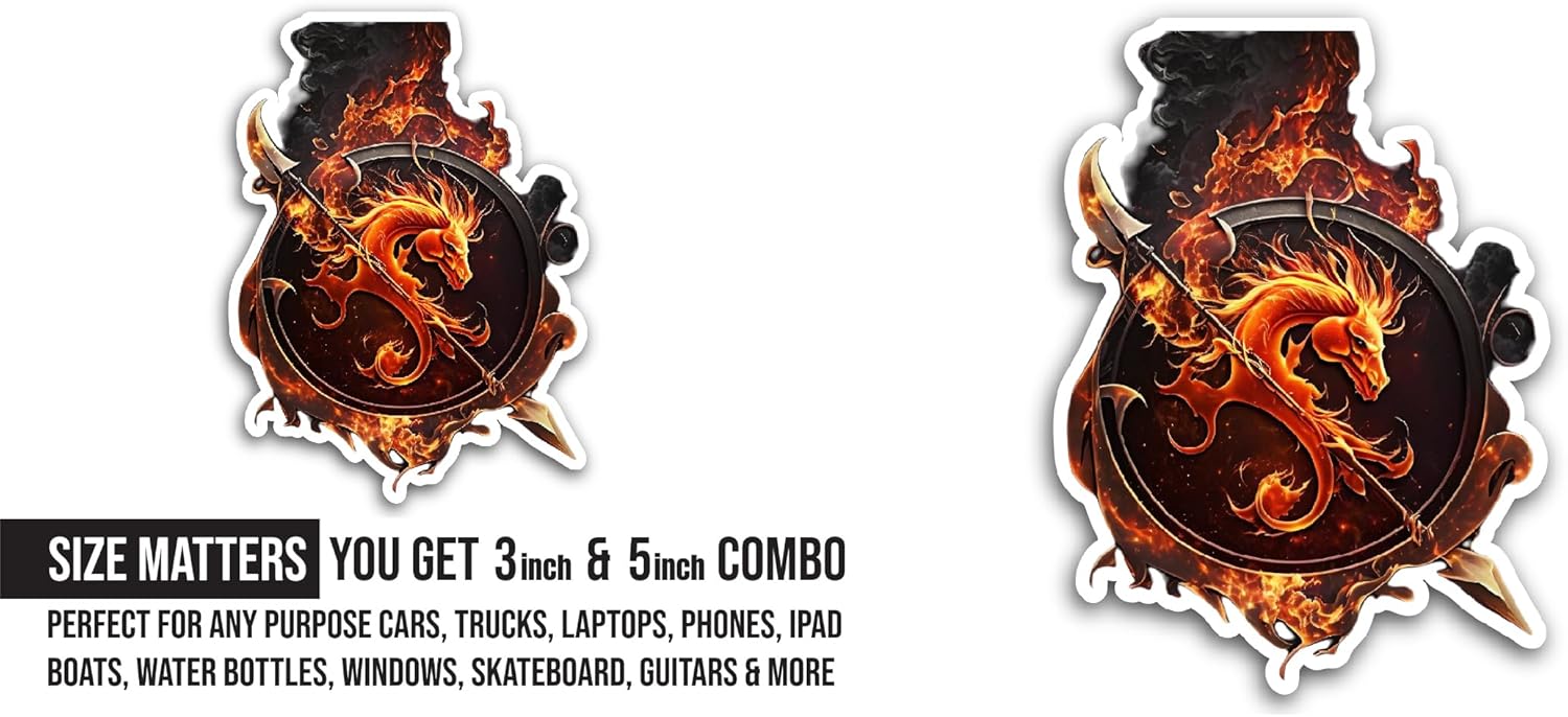 2 (Pieces) 3" and 5" Dragon with Fire Sticker, Waterproof Vinyl Decals for Many Purpose Like Cars, Trucks, Laptops, Phones, Windows and More