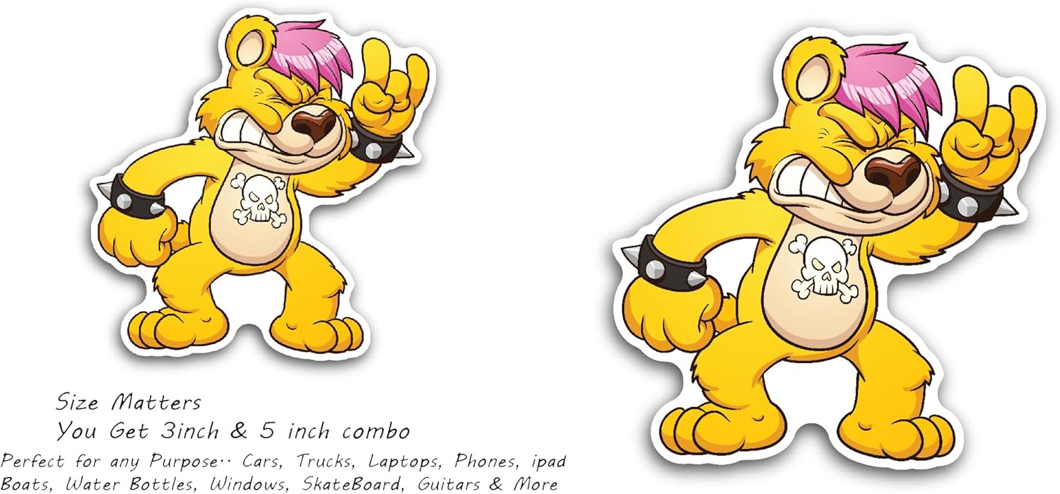 2 (Pieces) 3" and 5" Rocker Bear Clip Art Sticker, Waterproof Vinyl Decals for Many Purpose Like Cars, Trucks, Laptops, Phones, Windows and More