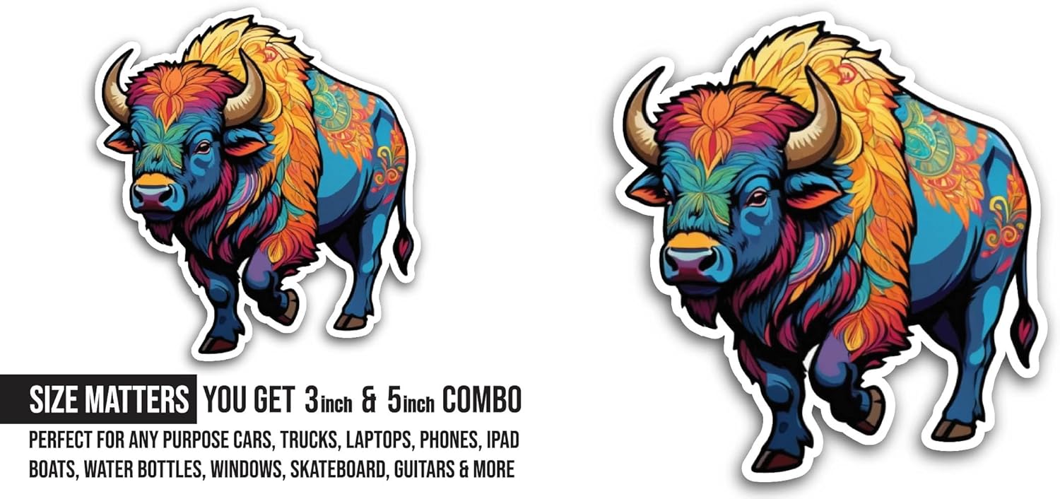 2 (Pieces) 3" and 5" Brightly Colorful Bison Sticker, Waterproof Vinyl Decals for Many Purpose Like Cars, Trucks, Laptops, Phones, Windows and More