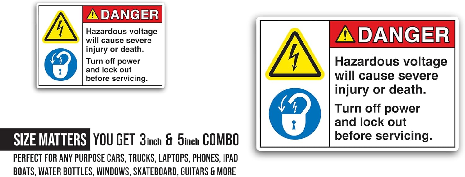 2 (Pieces) 3" and 5" Hazardous Voltage Sticker, Waterproof Vinyl Decals for Many Purpose Like Cars, Trucks, Laptops, Phones, Windows and More