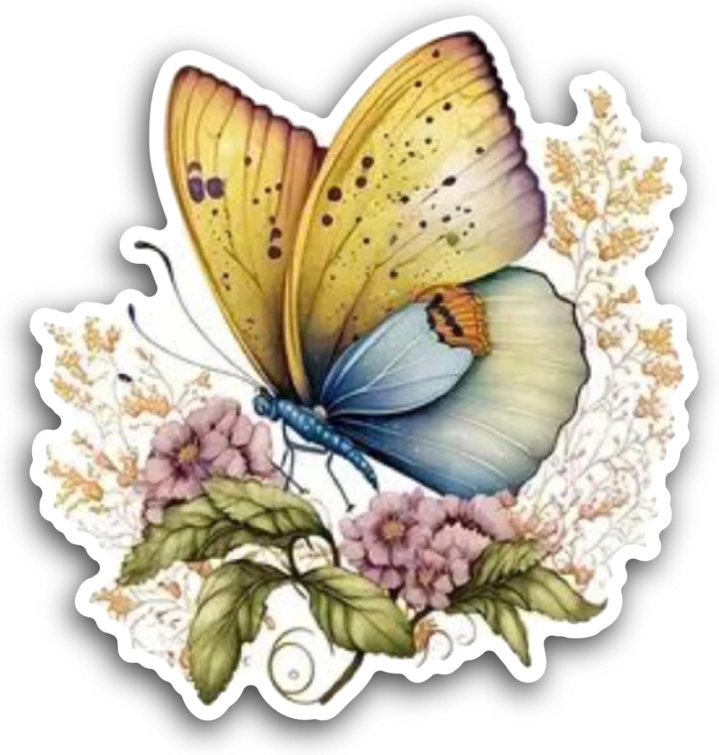 2 (Pieces) 3" and 5" Butterfly with Flowers and Leaves Sticker, Waterproof Vinyl Decals for Many Purpose Like Cars, Trucks, Laptops, Phones, Windows and More