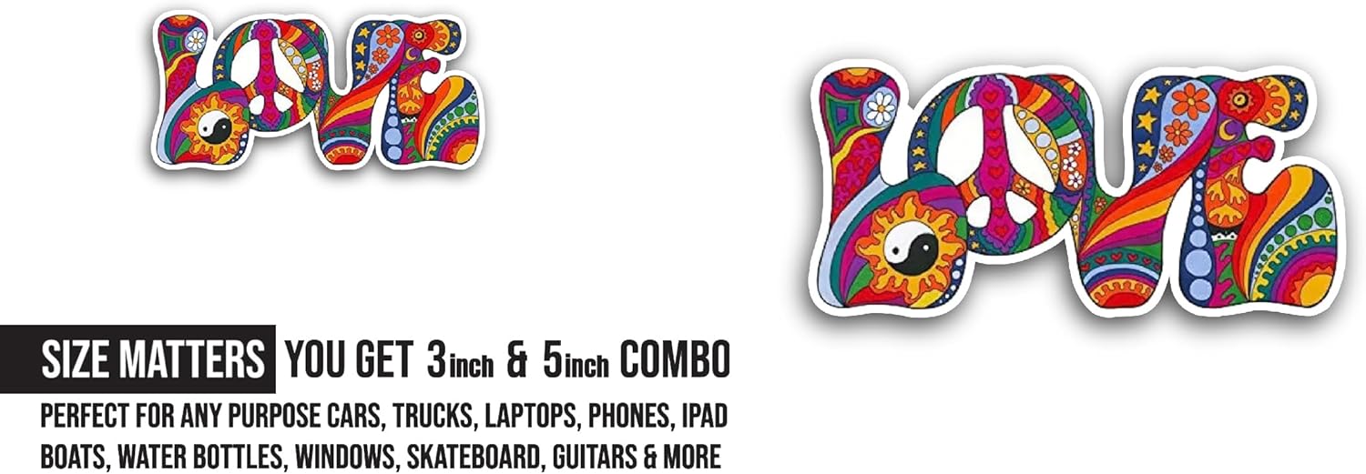 2 (Pieces) 3" and 5" Psychedelic Love Sticker, Waterproof Vinyl Decals for Many Purpose Like Cars, Trucks, Laptops, Phones, Windows and More