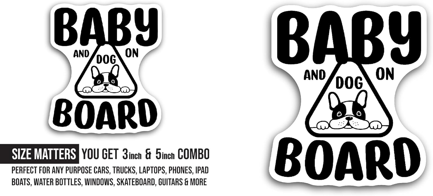 2 (Pieces) 3" and 5" Baby and Dog On Board Text Sticker, Waterproof Vinyl Decals for Many Purpose Like Cars, Trucks, Laptops, Phones, Windows and More
