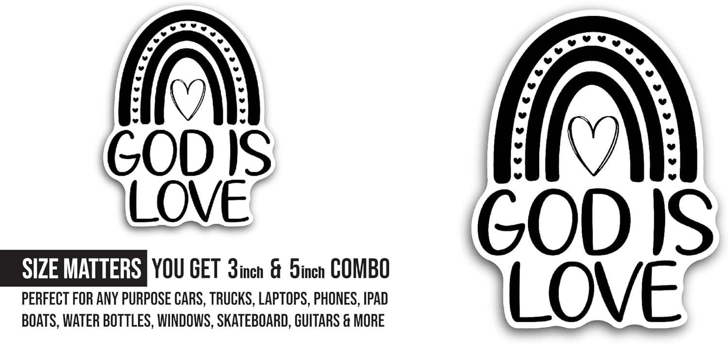 2 (Pieces) 3" and 5" God is Love Text with Heart Sticker, Waterproof Vinyl Decals for Many Purpose Like Cars, Trucks, Laptops, Phones, Windows and More