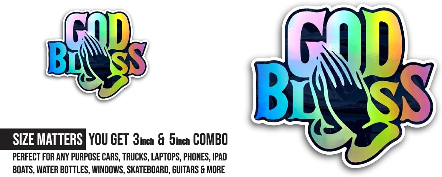 2 (Pieces) 3" and 5" God Bless Colorful Text Sticker, Waterproof Vinyl Decals for Many Purpose Like Cars, Trucks, Laptops, Phones, Windows and More