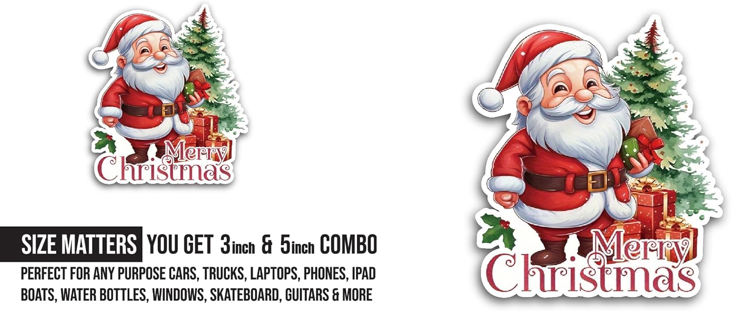 2 (Pieces) 3" and 5" Cheerful Santa Claus Sticker, Waterproof Vinyl Decals for Many Purpose Like Cars, Trucks, Laptops, Phones, Windows and More