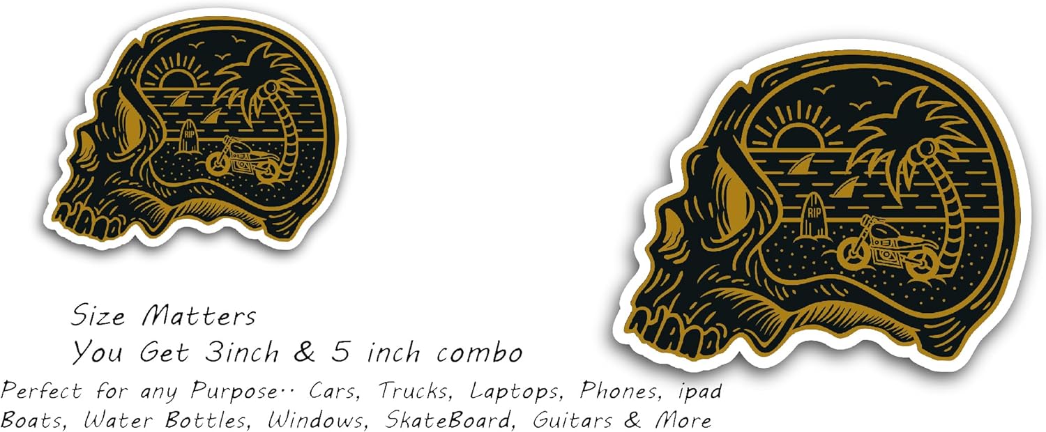 2 (Pieces) 3" and 5" Head Skull Summer Sticker, Waterproof Vinyl Decals for Many Purpose Like Cars, Trucks, Laptops, Phones, Windows and More