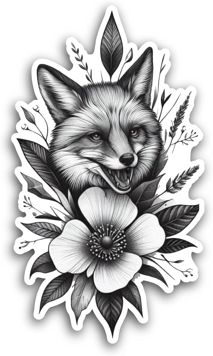 2 (Pieces) 3" and 5" Fox with Wildflowers Sticker, Waterproof Vinyl Decals for Many Purpose Like Cars, Trucks, Laptops, Phones, Windows and More