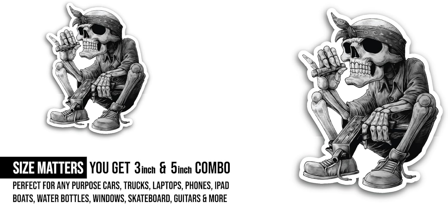 2 (Pieces) 3" and 5" Smoking Skeleton Sticker, Waterproof Vinyl Decals for Many Purpose Like Cars, Trucks, Laptops, Phones, Windows and More
