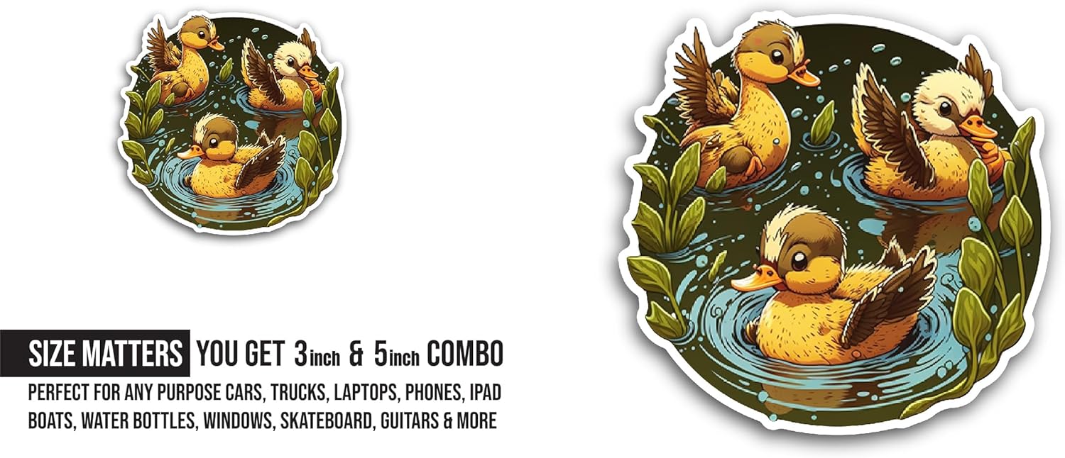 2 (Pieces) 3" and 5" Ducks On Water Sticker, Waterproof Vinyl Decals for Many Purpose Like Cars, Trucks, Laptops, Phones, Windows and More