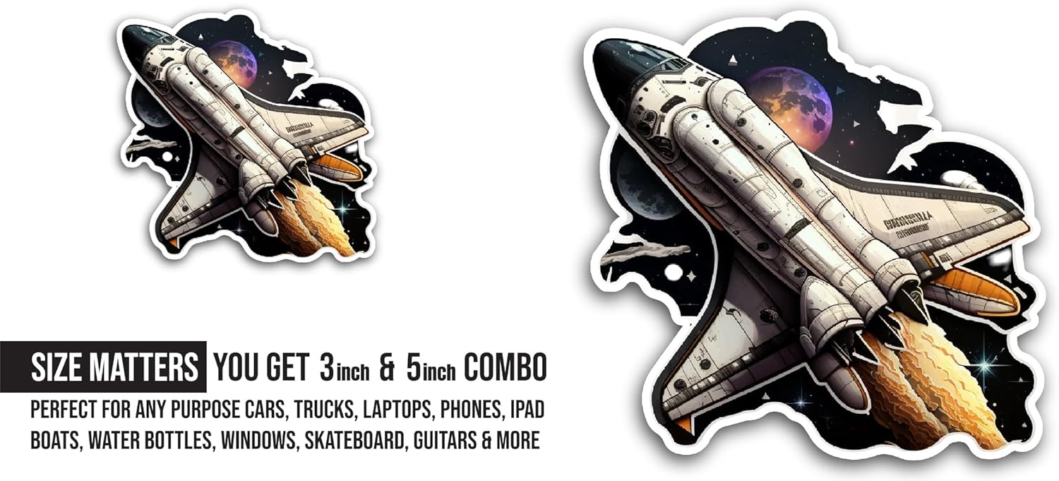 2 (Pieces) 3" and 5" Space Shuttle Sticker, Waterproof Vinyl Decals for Many Purpose Like Cars, Trucks, Laptops, Phones, Windows and More