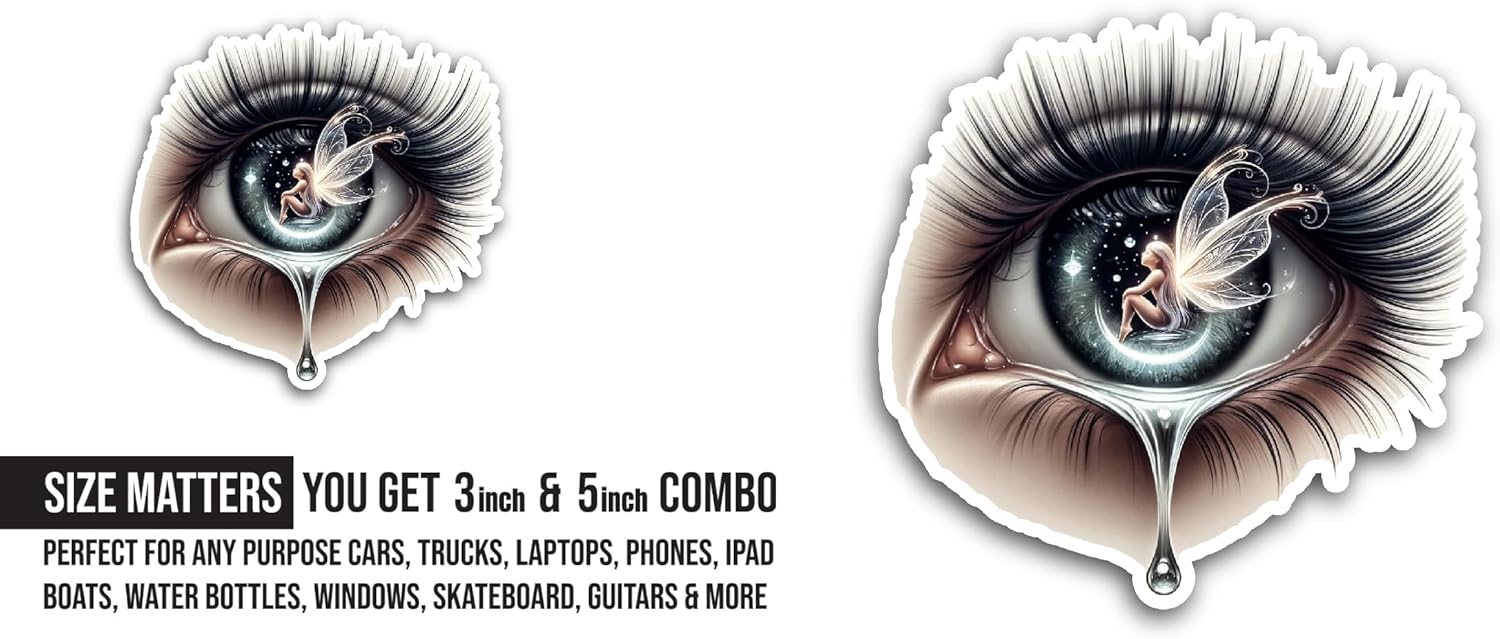 2 (Pieces) 3" and 5" Eye with Tears Sticker, Waterproof Vinyl Decals for Many Purpose Like Cars, Trucks, Laptops, Phones, Windows and More