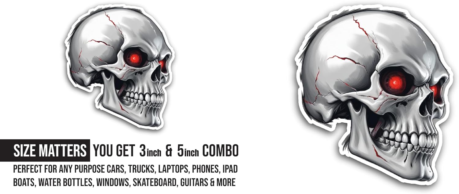 2 (Pieces) 3" and 5" Skull with Red Eyes Sticker, Waterproof Vinyl Decals for Many Purpose Like Cars, Trucks, Laptops, Phones, Windows and More