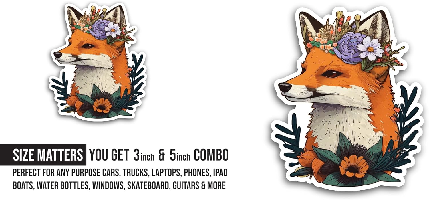2 (Pieces) 3" and 5" Fox with Flowers Sticker, Waterproof Vinyl Decals for Many Purpose Like Cars, Trucks, Laptops, Phones, Windows and More