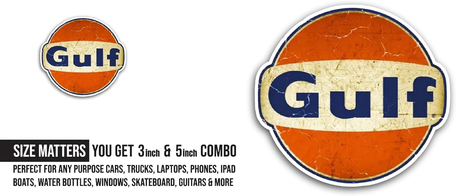 2 (Pieces) 3" and 5" Gulf Sticker, Waterproof Vinyl Decals for Many Purpose Like Cars, Trucks, Laptops, Phones, Windows and More