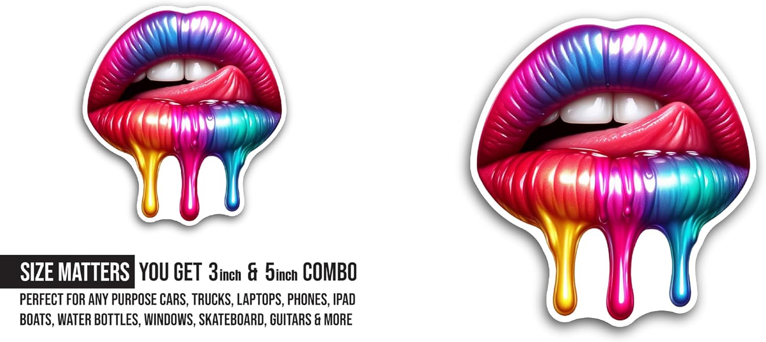 2 (Pieces) 3" and 5" Colorful Lips Sticker, Waterproof Vinyl Decals for Many Purpose Like Cars, Trucks, Laptops, Phones, Windows and More