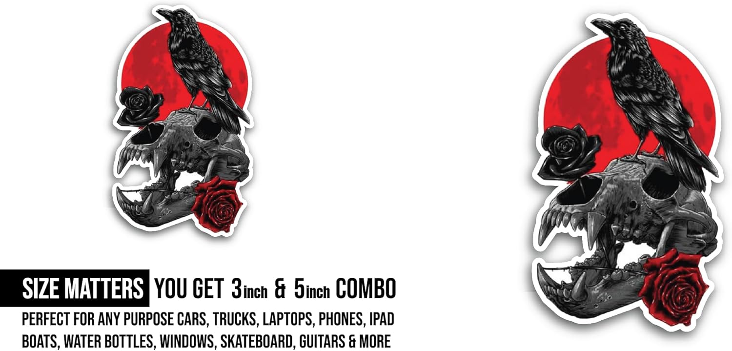 2 (Pieces) 3" and 5" Skull and Raven with Flowers Sticker, Waterproof Vinyl Decals for Many Purpose Like Cars, Trucks, Laptops, Phones, Windows and More