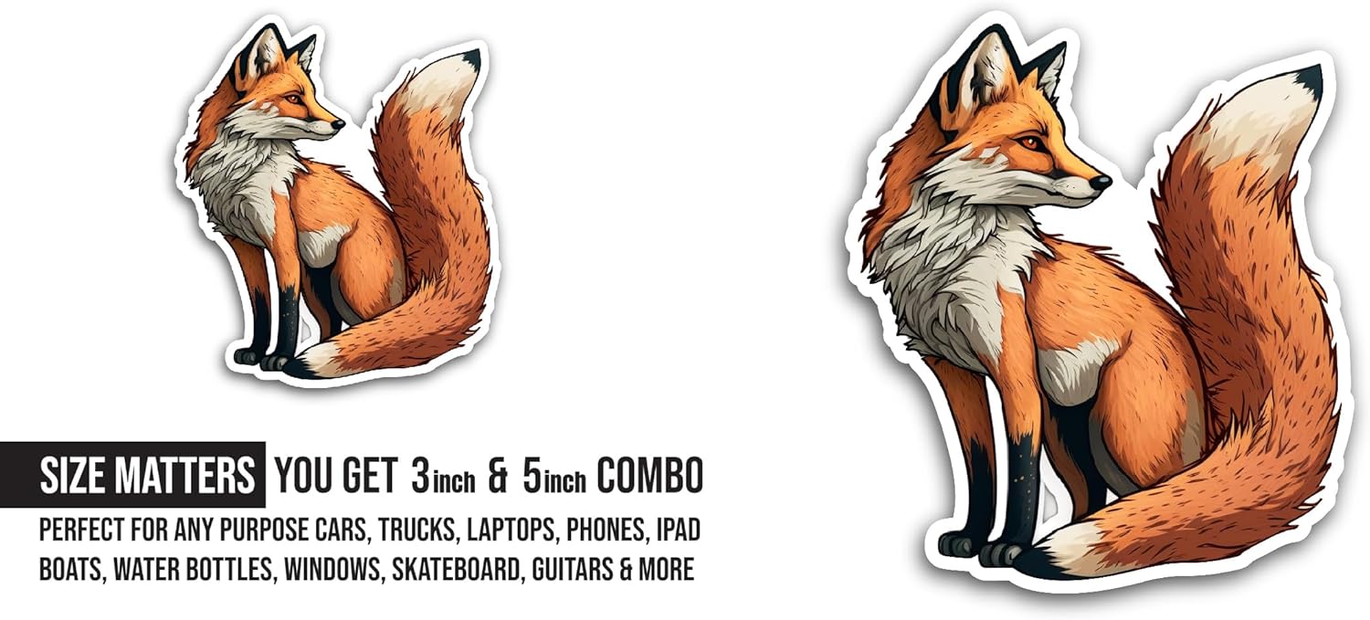2 (Pieces) 3" and 5" Fox Sticker, Waterproof Vinyl Decals for Many Purpose Like Cars, Trucks, Laptops, Phones, Windows and More