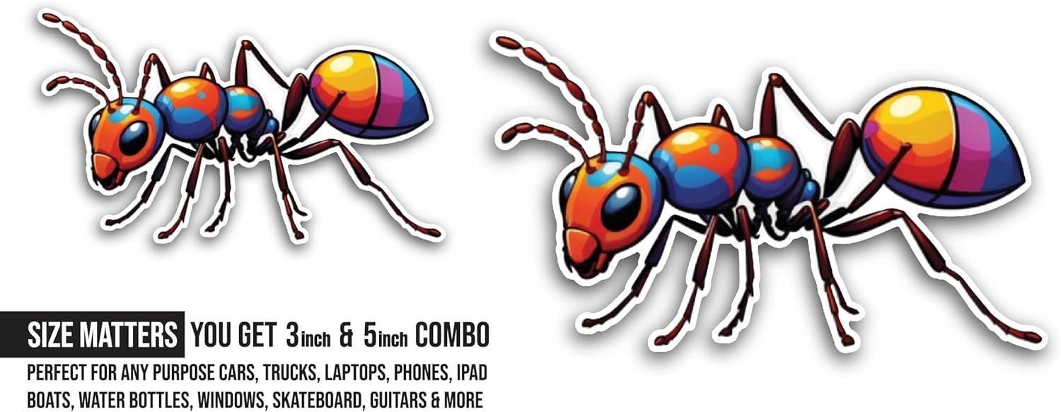 2 (Pieces) 3" and 5" Colorful Ant Sticker, Waterproof Vinyl Decals for Many Purpose Like Cars, Trucks, Laptops, Phones, Windows and More