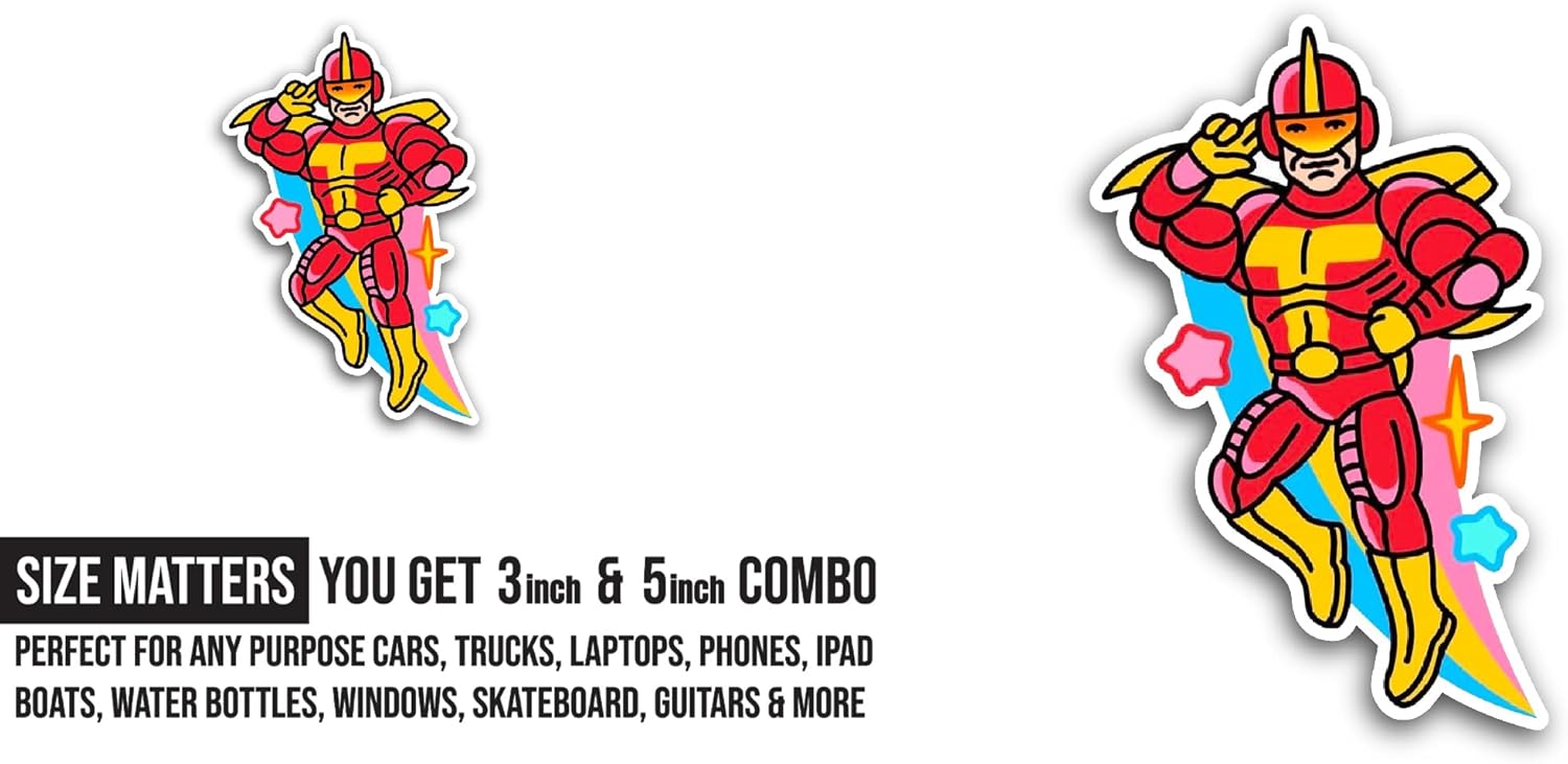 2 (Pieces) 3" and 5" Superhero in Red Suit Sticker, Waterproof Vinyl Decals for Many Purpose Like Cars, Trucks, Laptops, Phones, Windows and More