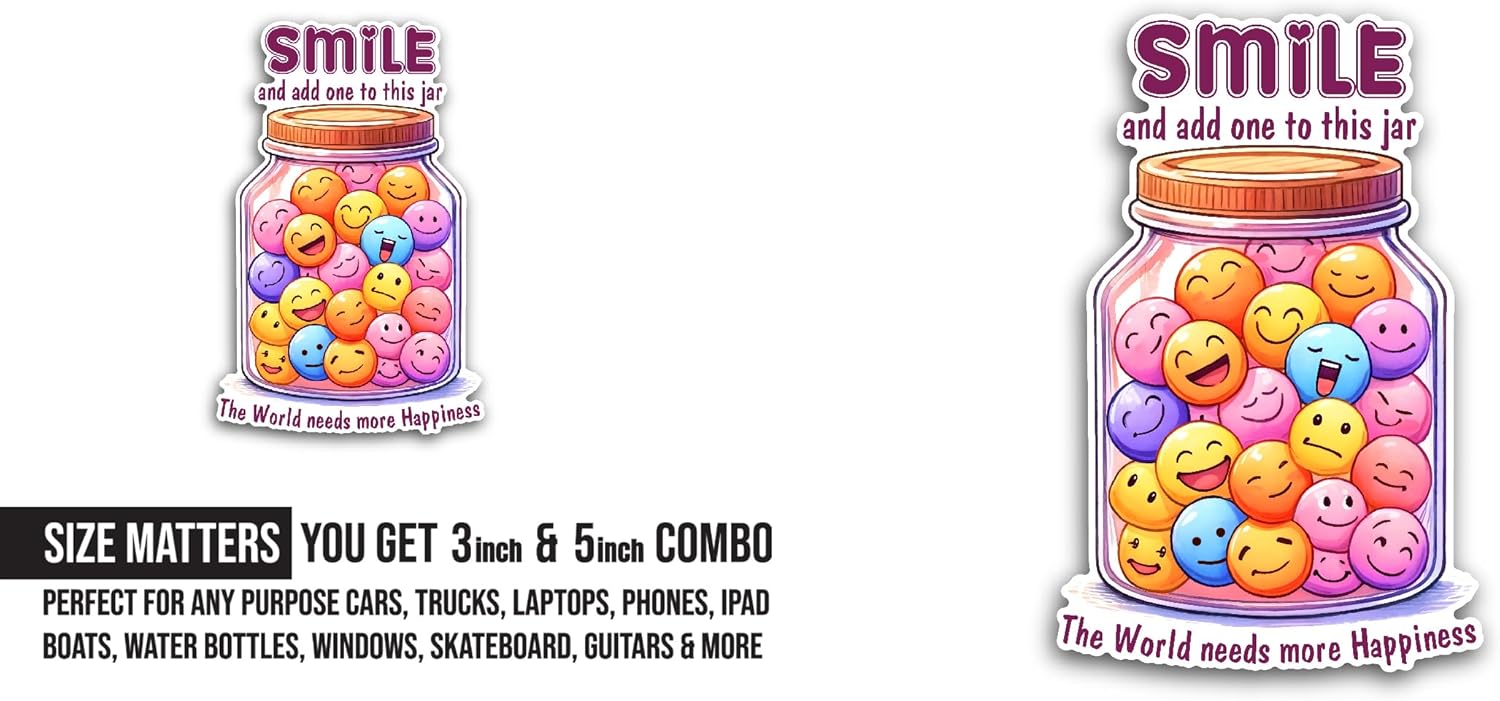 2 (Pieces) 3" and 5" Smile Sticker, Waterproof Vinyl Decals for Many Purpose Like Cars, Trucks, Laptops, Phones, Windows and More