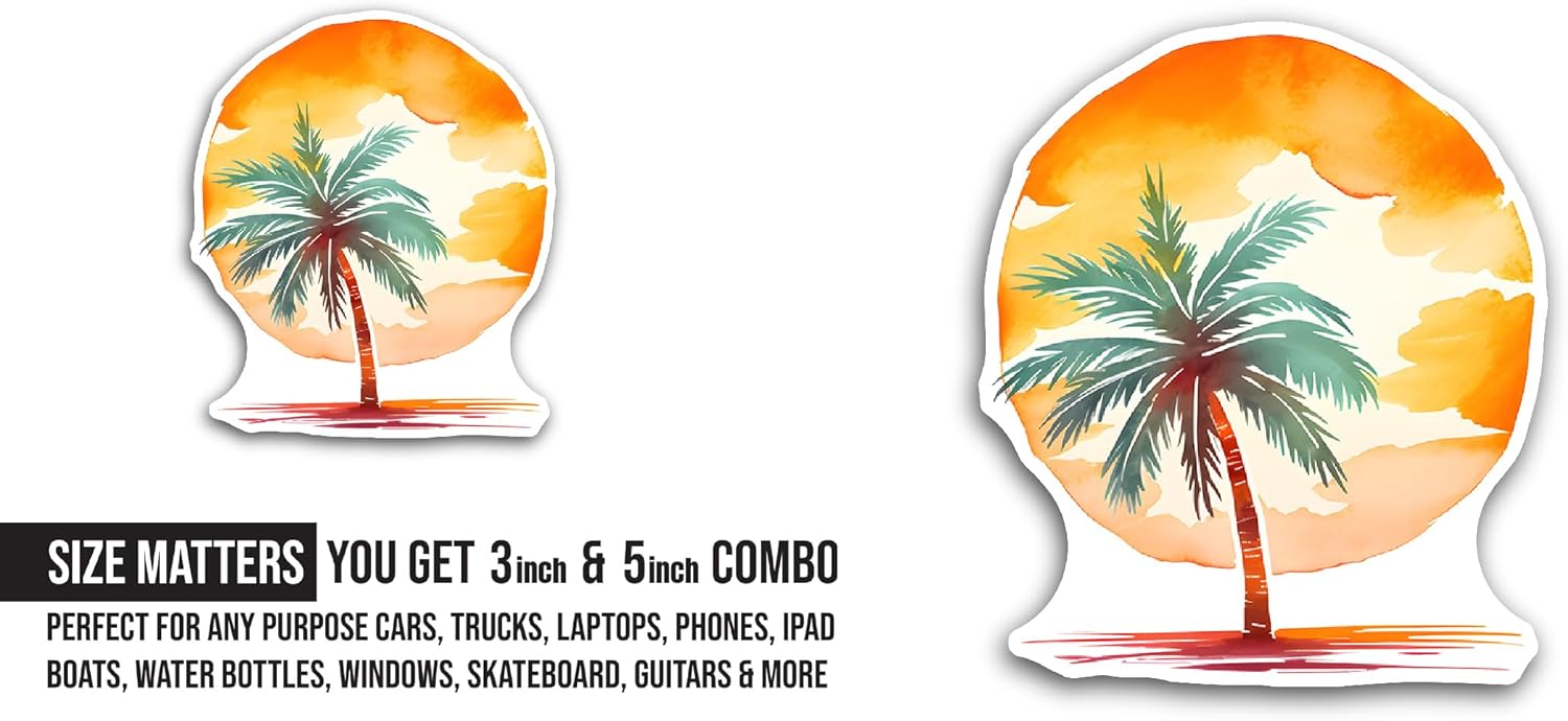 2 (Pieces) 3" and 5" Sunset and Palm Trees Sticker, Waterproof Vinyl Decals for Many Purpose Like Cars, Trucks, Laptops, Phones, Windows and More