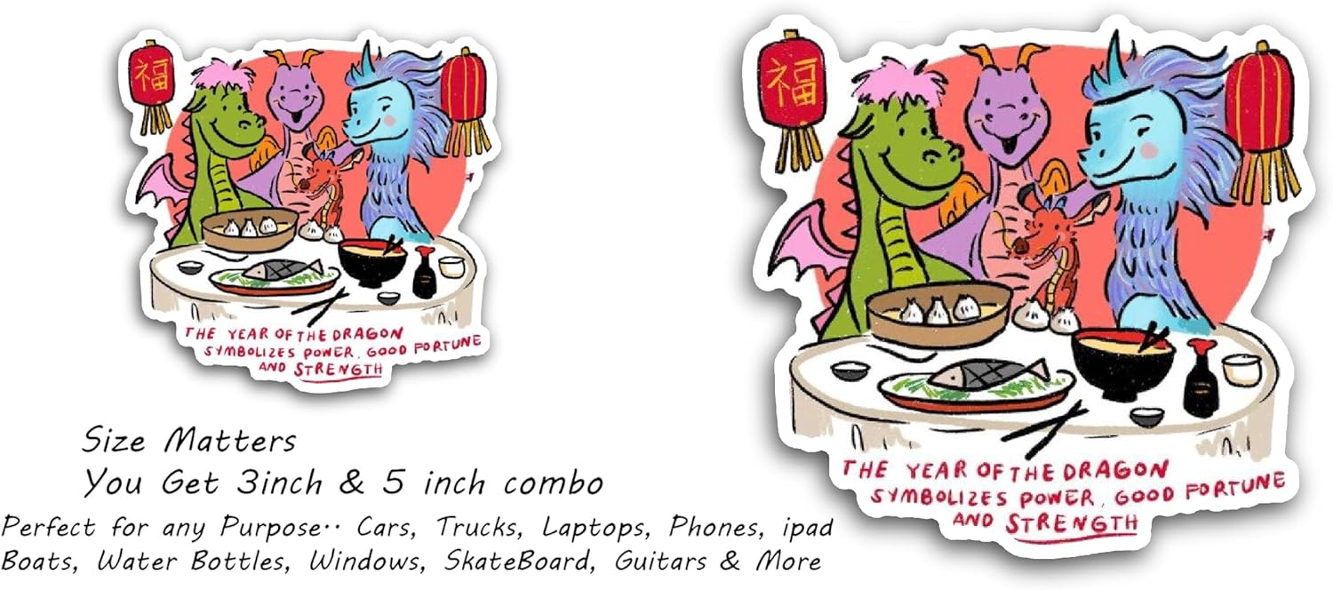 2 (Pieces) 3" and 5" The Year of The Dragon Text Sticker, Waterproof Vinyl Decals for Many Purpose Like Cars, Trucks, Laptops, Phones, Windows and More