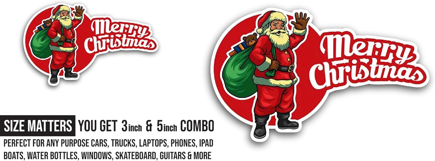2 (Pieces) 3" and 5" Merry Christmas with Santa Sticker, Waterproof Vinyl Decals for Many Purpose Like Cars, Trucks, Laptops, Phones, Windows and More
