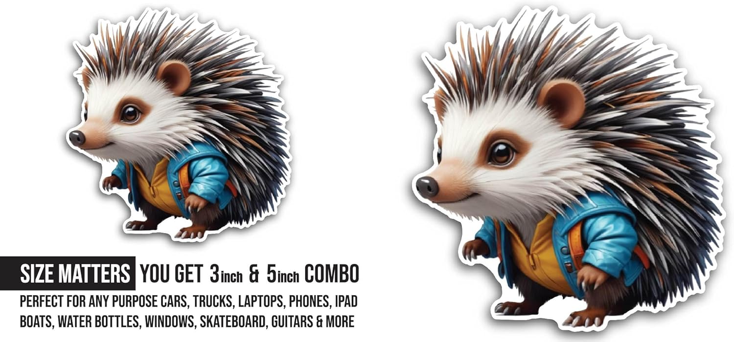 2 (Pieces) 3" and 5" Hedgehog in A Jacket Sticker, Waterproof Vinyl Decals for Many Purpose Like Cars, Trucks, Laptops, Phones, Windows and More