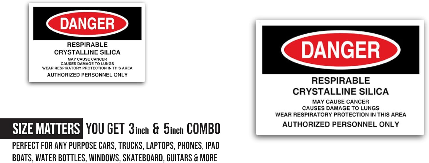 2 (Pieces) 3" and 5" Danger: Respirable Crystalline Silica Sticker, Waterproof Vinyl Decals for Many Purpose Like Cars, Trucks, Laptops, Phones, Windows and More