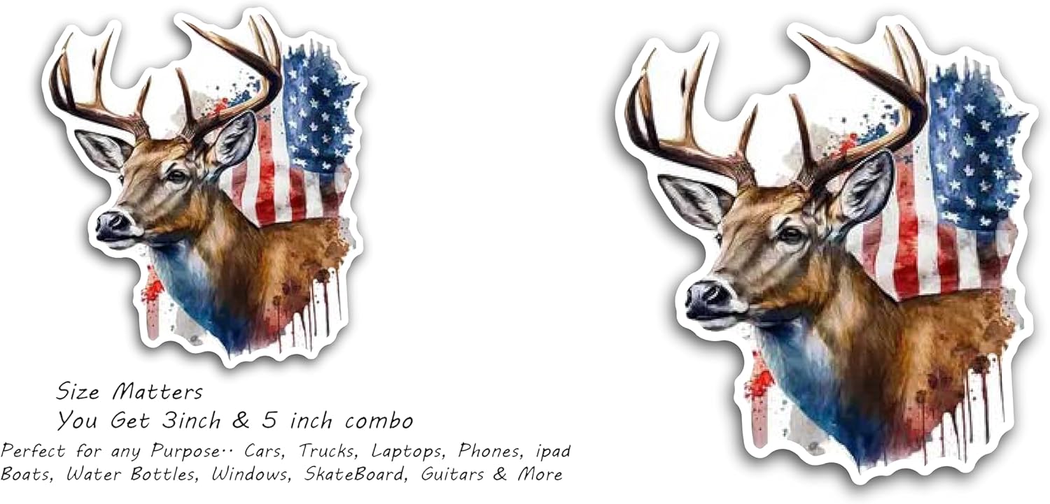 2 (Pieces) 3" and 5" Deer with Background in American Flag Decal Sticker,Waterproof Vinyl Decals for Many Purpose Like Cars, Trucks, Laptops, Phones, Windows and More
