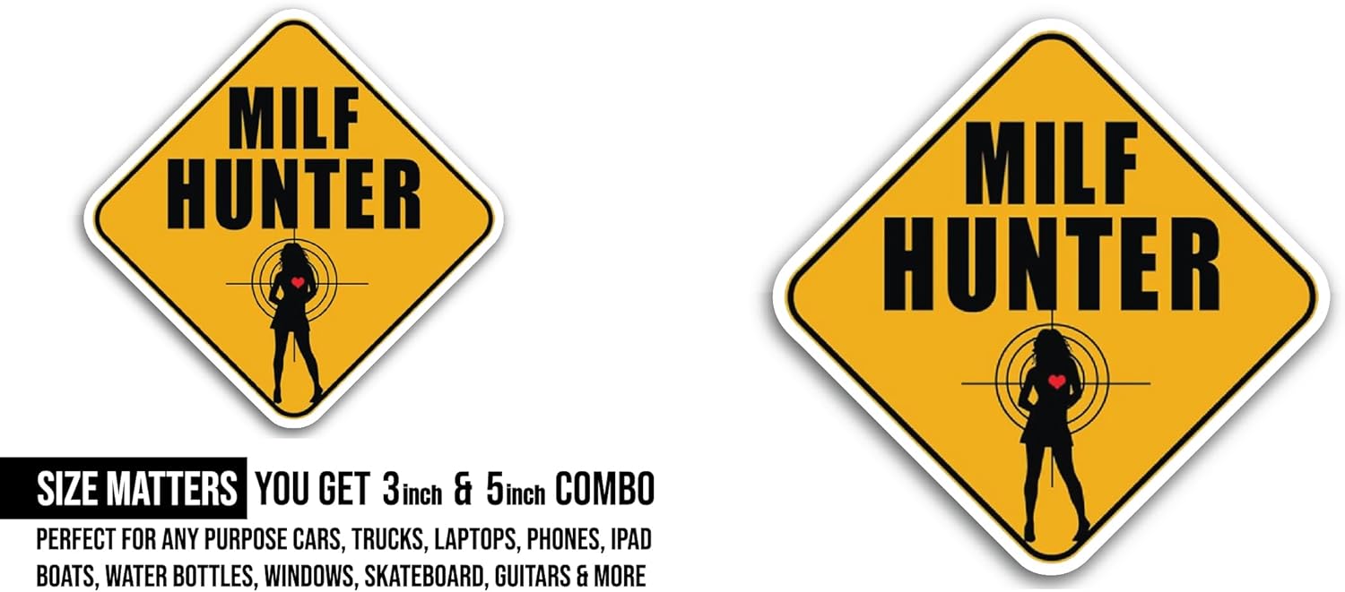 2 (Pieces) 3" and 5" Milf Hunter Sticker, Waterproof Vinyl Decals for Many Purpose Like Cars, Trucks, Laptops, Phones, Windows and More