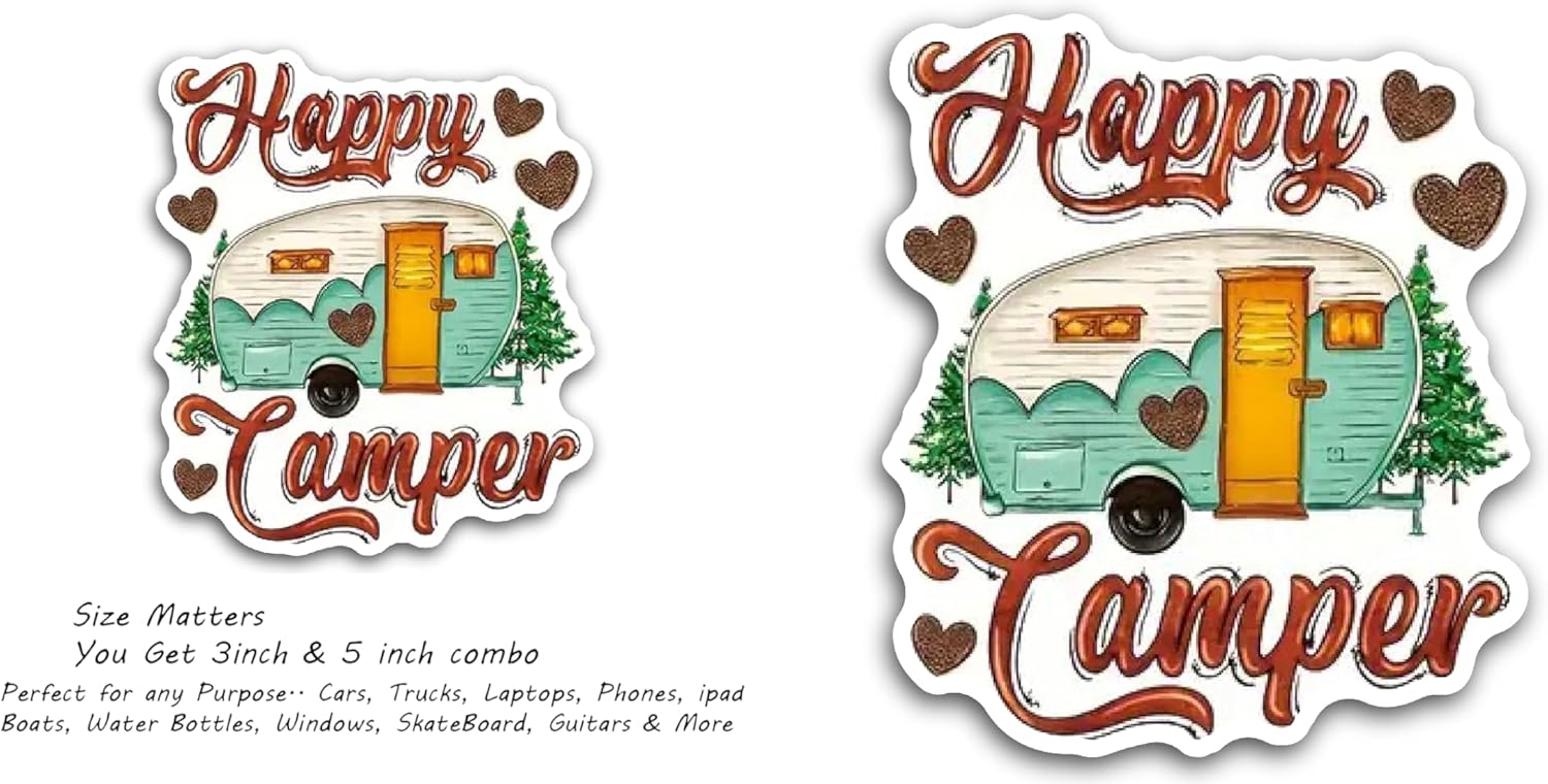 2 (Pieces) 3" and 5" Happy Camper Decal Sticker, Waterproof Vinyl Decals for Many Purpose Like Cars, Trucks, Laptops, Phones, Windows and More